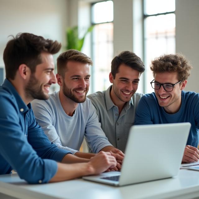Un gruppo eterogeneo di persone sorridenti che imparano a programmare davanti ai loro laptop