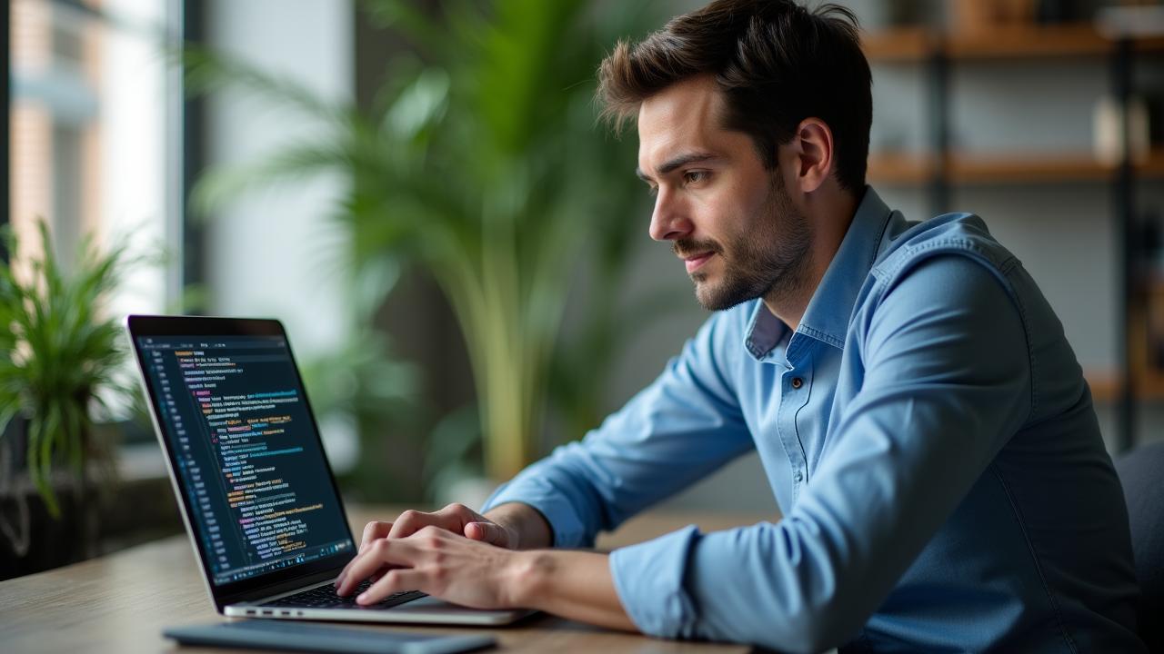 Professionista italiano che studia coding su laptop in un ufficio moderno